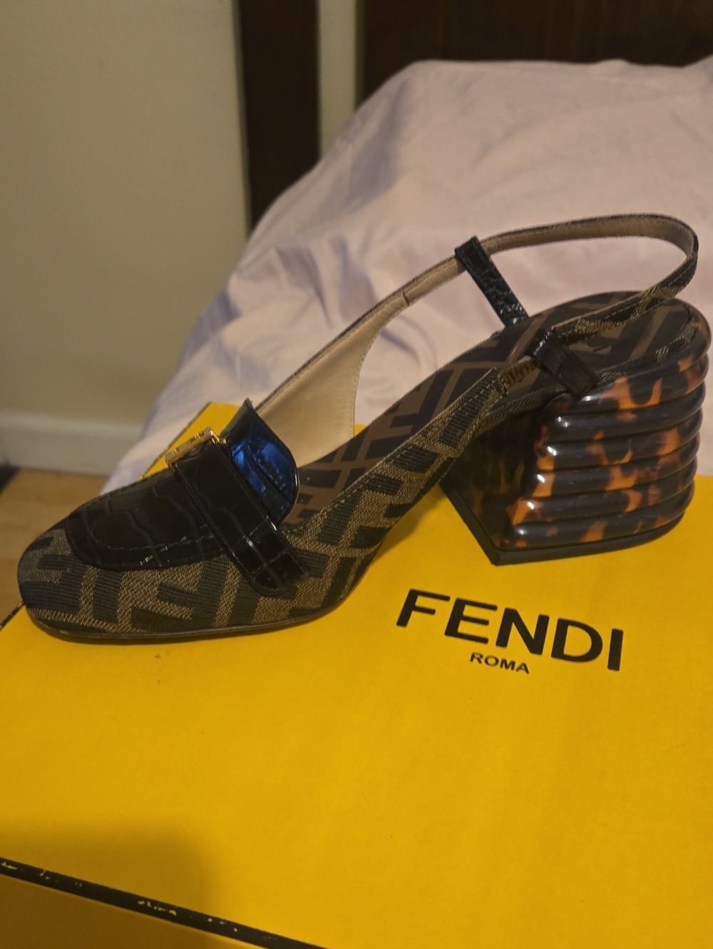 Fendi Brown Zucca Slingback Pump with Tortoiseshell Block Heel